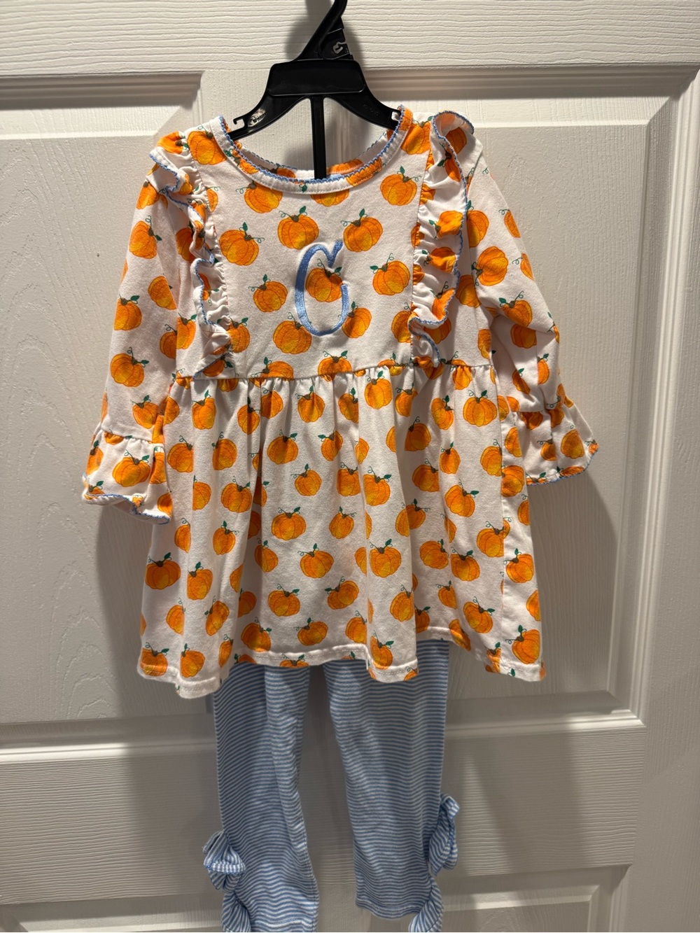 Girls Pumpkin Print Tunic & Blue Stripe Legging Set